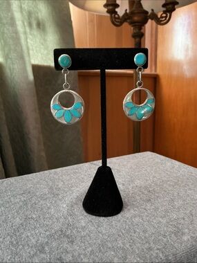 Sterling Turquoise Floral Inlay Earrings
